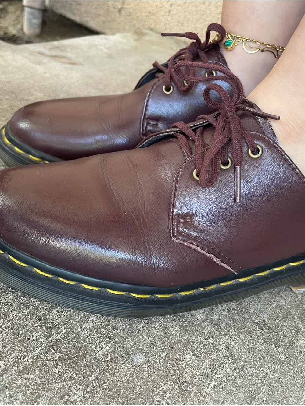 Dr. Martens Burgundy Leather Oxfords with Yellow Welt Stitching